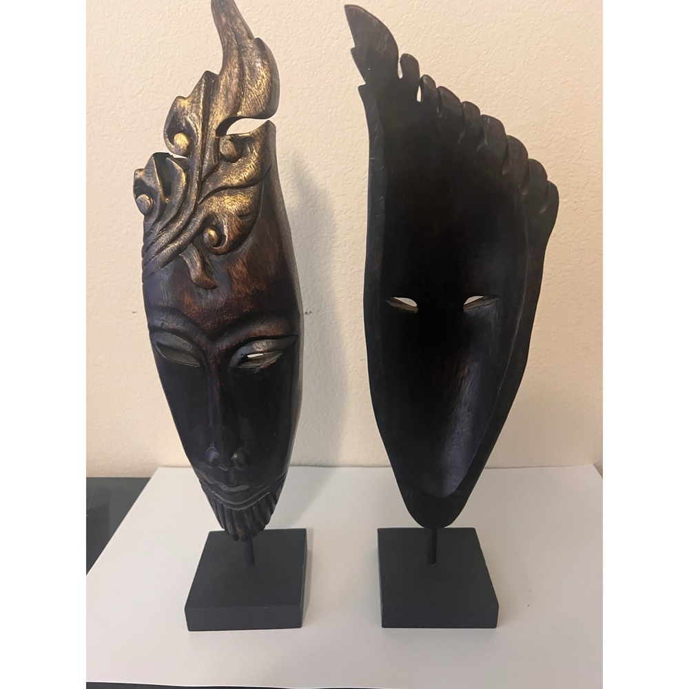 Vintage pair of 2 wood tribal MASKS on stands resin faces retro home decor